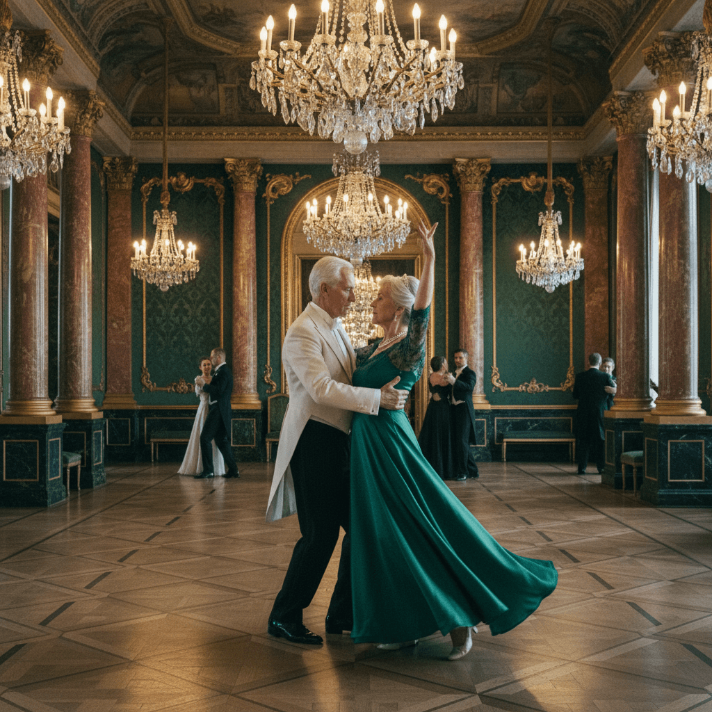 Älteres Paar tanzt Tango im Wiener Ballsaal